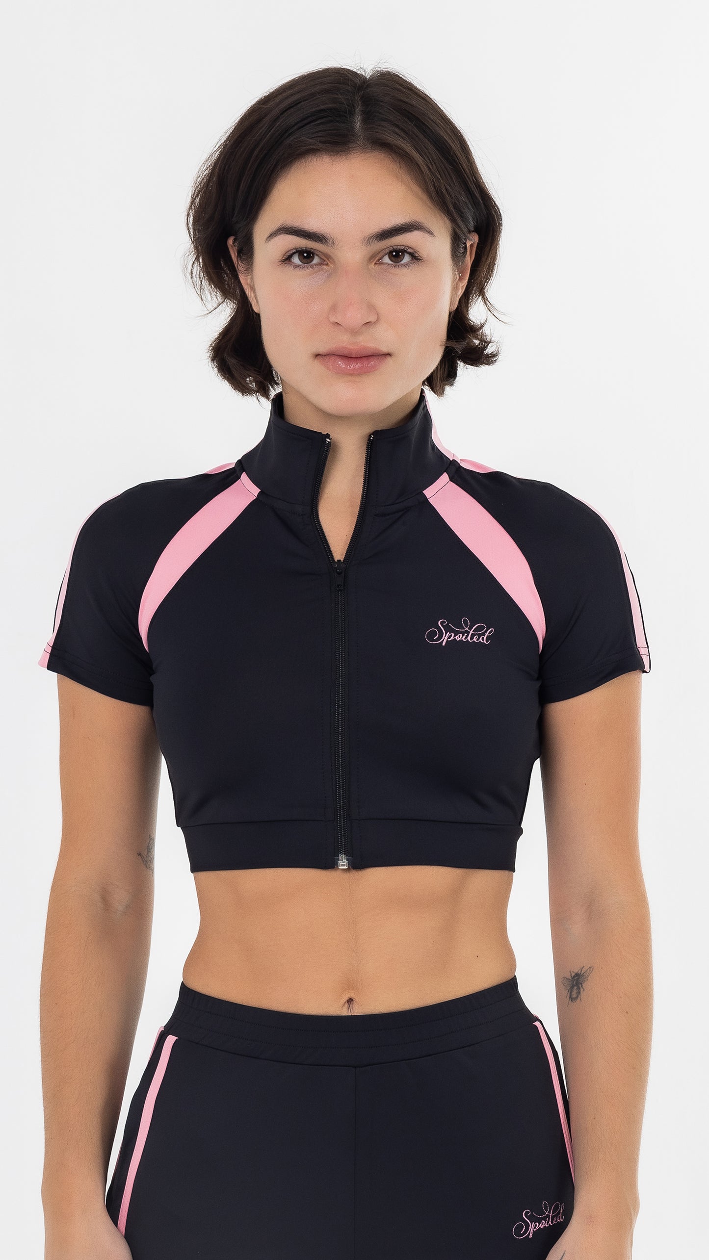 Spoiled cropped short sleeve jacket black & pink